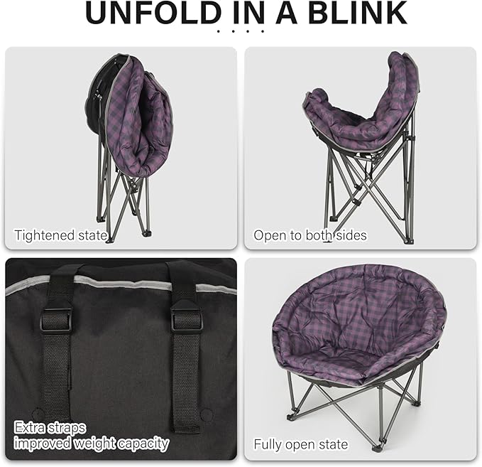 Oversized XXL Folding Round Camping ChairsComfy Padded Moon Camp ChairsHeavy Duty Supports 440 Lbs Outdoor Lawn Chairs for AdultsPerfect for IndoorFamily HikingPicnics and GardenPurple Plaid