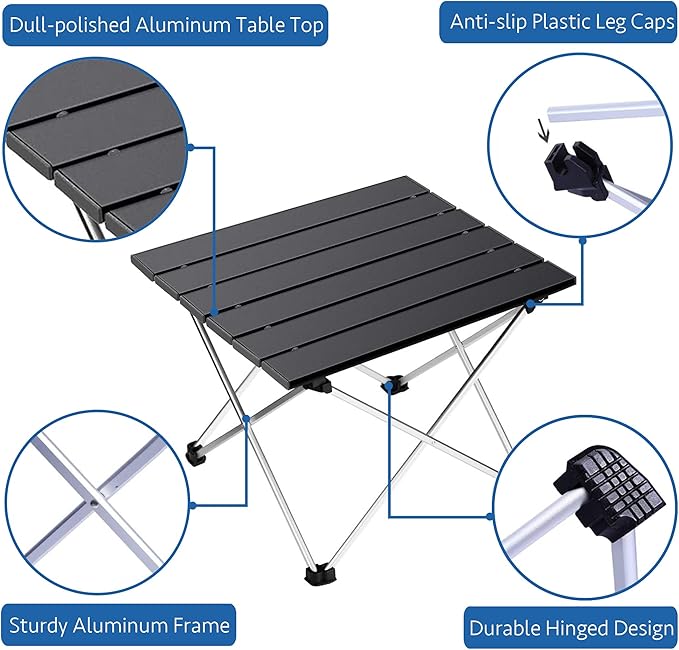 Grope Portable Camping Table with Aluminum Table Top Folding Beach Table Easy to Carry Prefect for Outdoor Picnic BBQ Cooking Festival Beach Home (Black-L)