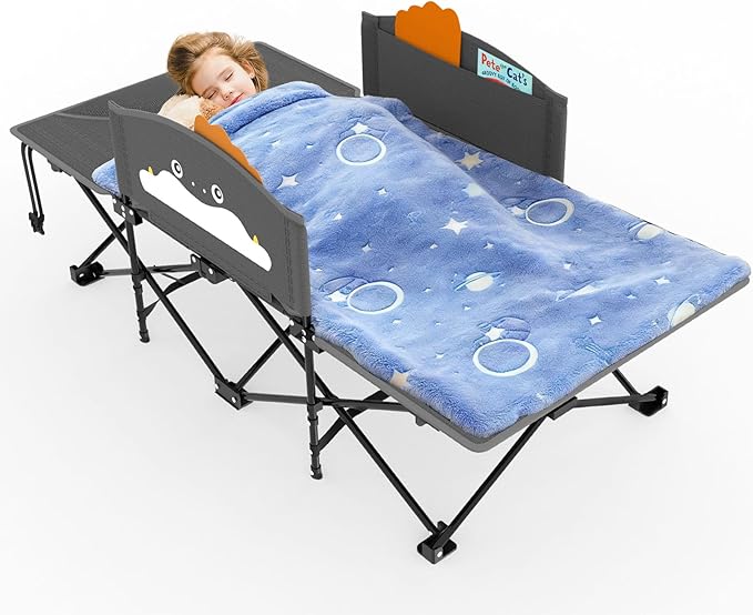 Slendor Toddle Cot Toddler Portable Bed w/Cartoon Handrail Blanket (5ft x 4ft) Folding Toddler Cots for Camping Travel Bed Extra Long Cot Length 56 Support 330 Lbs Gray