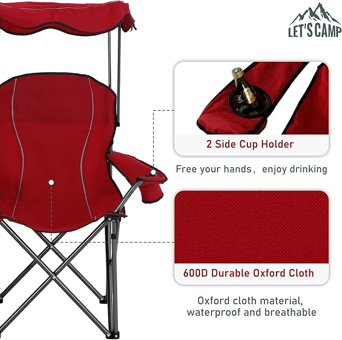 LET'S CAMP Camp Chair with Shade Canopy Folding Camping Recliner Chair with Carry Bag for Outdoor Camping Hiking Beach Heavy Duty 350 LBS