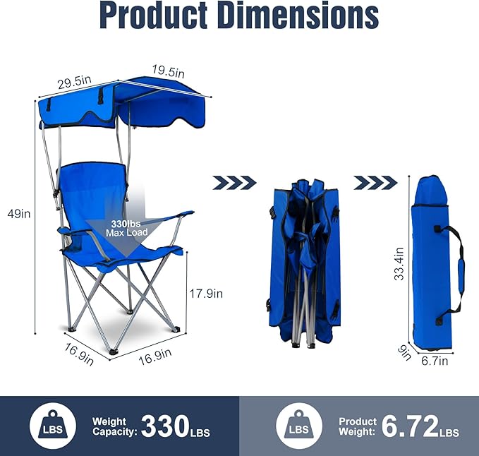 Camping Chair with Canopy Portable Outdoor Folding Beach Chairs with Cup Holder 330LBS Load Lawn Chair for Outside Fishing Beach Picnic (Blue)