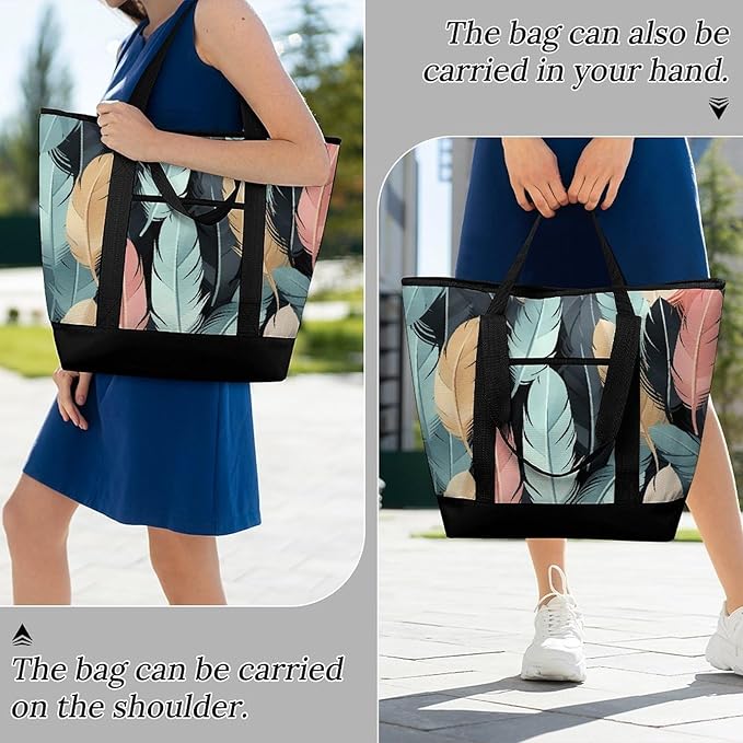 Insulated Shopping BagLarge Reusable Cooler Bags Feather Printed Foldable Shopping BagTravel Waterproof Shoulder Bag