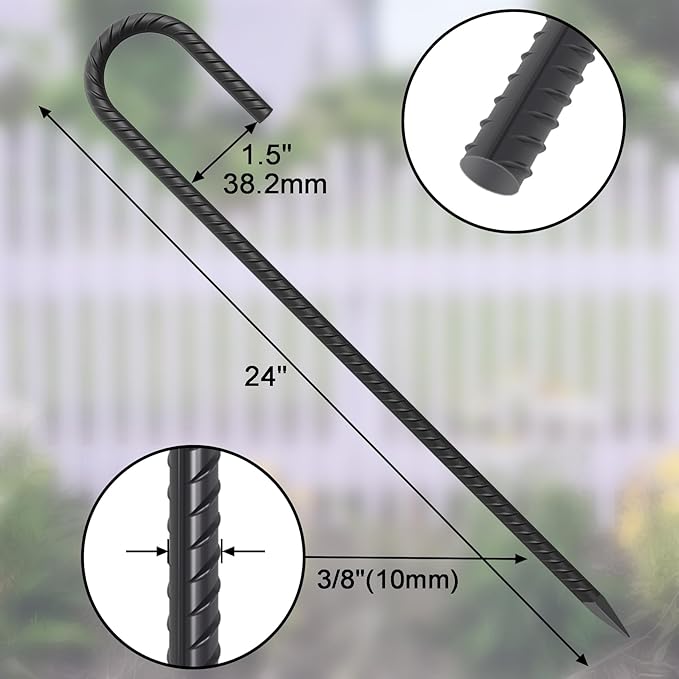 24 Pack J Hook Rebar Stakes 24 Inch 3/8 Inch Diameter Metal Stakes for Ground Heavy Duty with Chisel Point End Chain Link Fence Stakes for Swing Set Gazebo and Bounce House Black