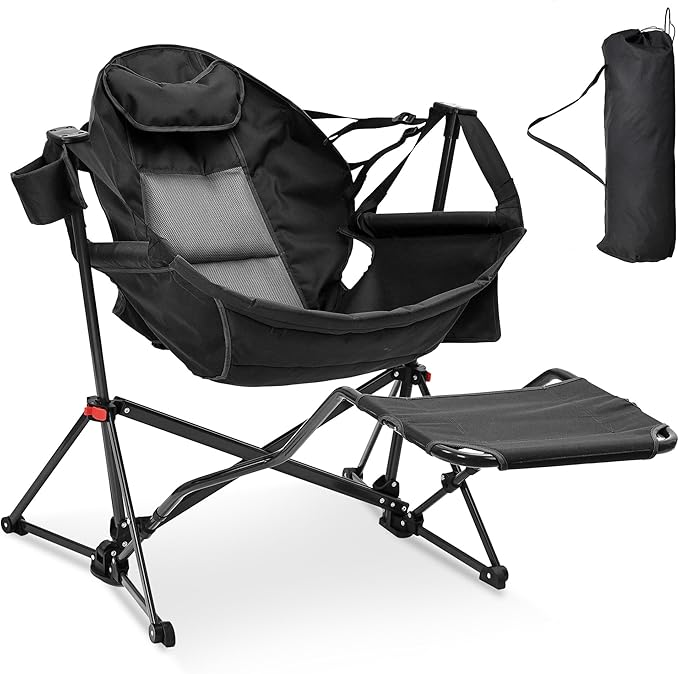 Ainfox Hammock Chair with Footrest Oversized Swinging Portable Folding Camping Chairs for Adults Outside Swinging Camp with Cup Holder Pillow for Outdoor Patio Lawn Black