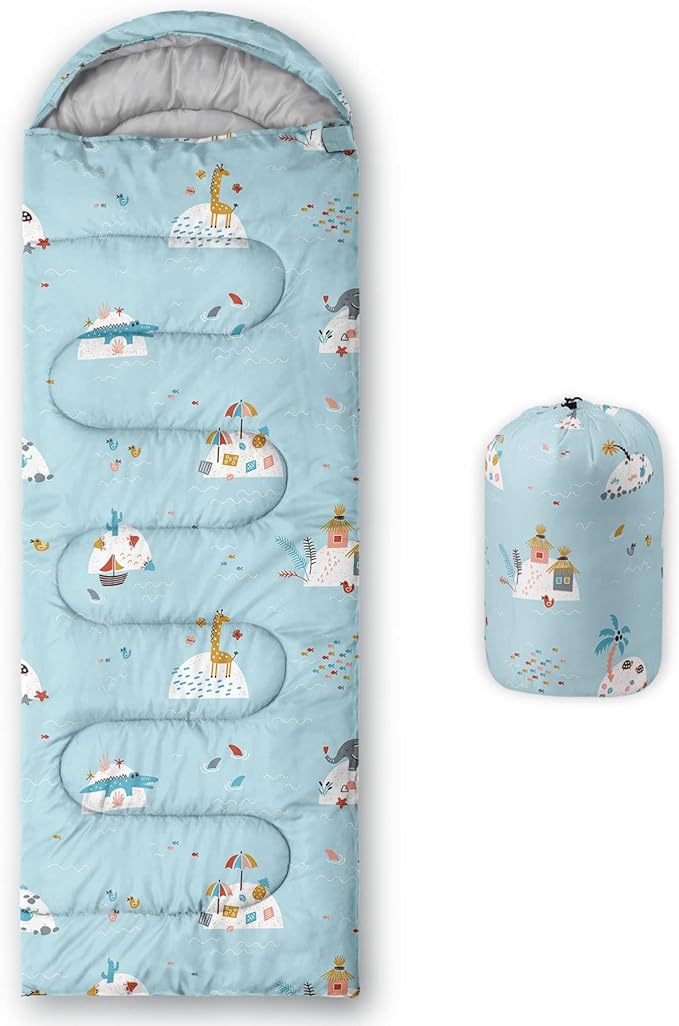 Kids Sleeping Bag for Boys GirlsAnimal Island Print-Lightweight Warm Portable Outdoor Indoor-Waterproof Cold Weather Resistant Sleeping Bag for Camping Hiking(Animal Island)