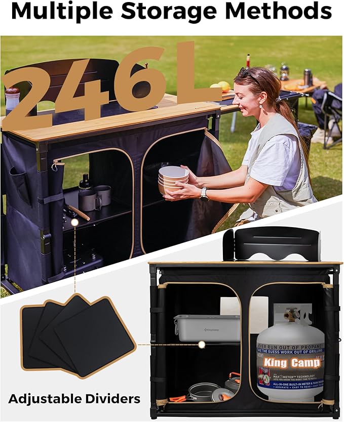 KingCamp Bamboo Camp Kitchen Station Folding Overland Camping Kitchen Table Hooks Portable Outdoor Cooking with Adjustable Lantern Pole &amp Windshield Storage Organizer for Tailgating BBQ Picnic RV