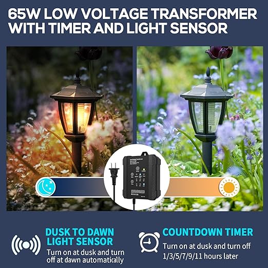 65W Outdoor Low Voltage Transformer Outdoor Landscape Lighting Transformer with Timer and Photocell Sensor 120V AC to 12V DC Weatherproof for Deck Lights Spotlight Pathway Light