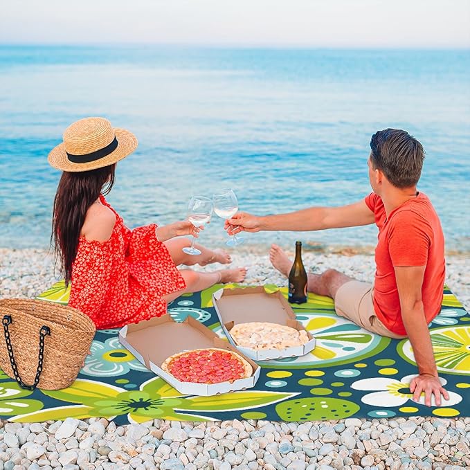 Waterproof Sandproof Beach Blanket 59''×68'' Fruit Lemon Polyester Outdoor Picnic Blanket with 4 Stakes &amp Storage Bag for BeachCampingVacation Yellow-Green