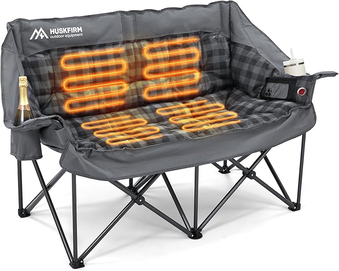 Heated Double Camping Chair Oversized Camping Loveseat with 4 Heating Zones and 3 Temperature Settings Portable Heated Double Chair for Outdoor Use（Battery Not Included）