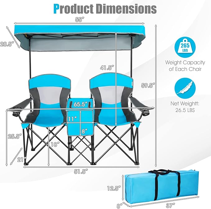 Tangkula Loveseat Camping Chair with Adjustable Shade Canopy Portable Beach Chair with Cooler Bag 2 Cup Holders Carrying Bag Foldable Double Lawn Chair for Travel Fishing Picnic (Blue)