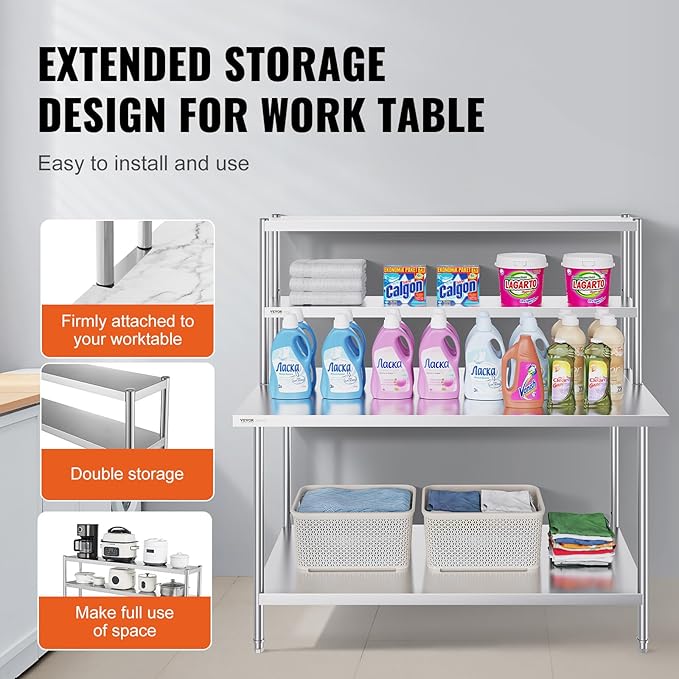 VEVOR Stainless Steel Overshelf 12 x 60 Inch Double Deck Height Adjustable Prep Work Table for Kitchen Restaurant and Workshop