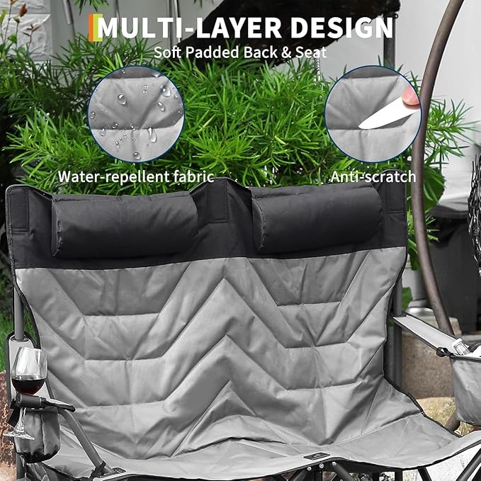 Double Camping Chair with High Back Heavy Duty Folding Loveseat with Pillow&amp Storage Bag for 900lbs Capacity Oversized 2-Person Folding Camp Chair Double Seat for Soccer Games Beach Travel Outd