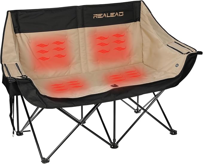 REALEAD Heated Double Camping Chair - Heated Loveseat Camping Chairs for Adults with 3 Heat Levels and 4 Heating Zones - Oversized Heated Chairs Outdoor Sports Supports 650 lbs Battery NOT Included