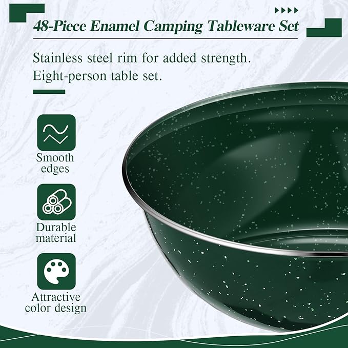 Nuogo 48 Pcs Enamel Camping Tableware Includes 12 oz Coffee Mugs 10.5 Inch Camping Plates 6 Inch Bowls and Utensils Set Includes Knife Fork Spoon for Outdoor RV (Green)