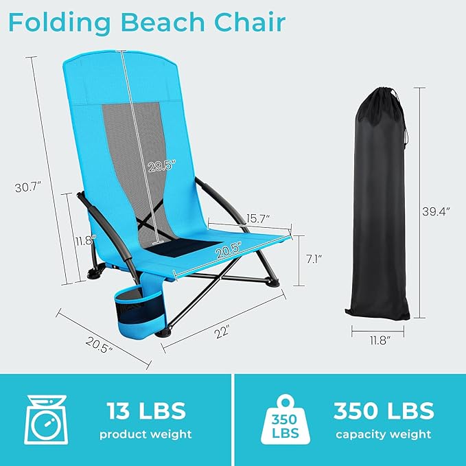 TLSUNNY 28.5″ High Back Folding Beach Chair for Adults W/Carry Bag Portable Low Beach Chair W/Mesh Back &amp Padded Armrest Cup Holder for Camping Outdoor Travel 2pack 350LBS (Blue)