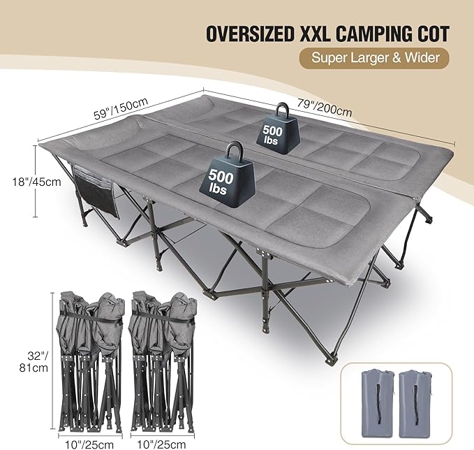 REDCAMP 2 Person Extra Wide Camping Cots for Adults 500lbs 59 W Oversized Heavy Duty Sleeping Cots XXXL Cots Portable for Indoor Office Outdoor Grey