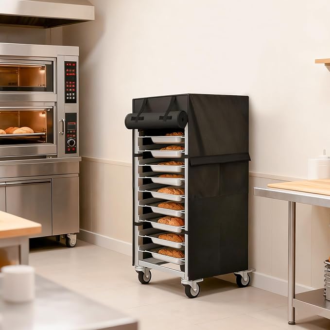 Speed Rack Cover 10-Tier 23×28×32 – 420D Oxford Waterproof/Dustproof Bread Rack Cover with Roll-Top Door 1 Side Pocket-Commercial Bakery Bun/Sheet Pan Rack Protector Black