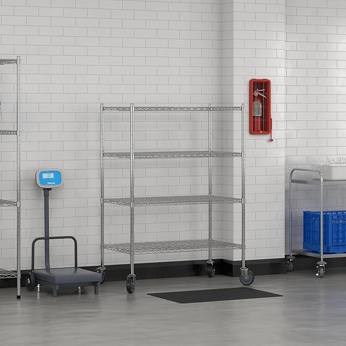 Commercial NSF Listed Chrome Mobile Wire Shelving Kit 24 x 42 x 60 with 4 Shelves Perfect for Warehouse Walk-in Refrigerator Freezer Grocery Store Restaurant Dishroom