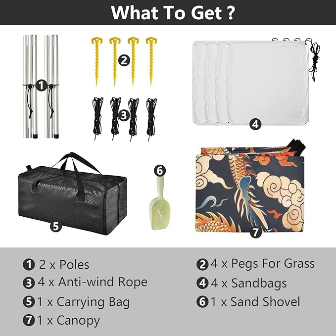 Chinese Dragon Pattern Beach Tent Sun Shelter 9.2' x 10.5' Beach Canopy with 4 Sandbags 4 Stability Poles Sand Shovels - Tent Canopy for Beach Camping Fishing Picnics