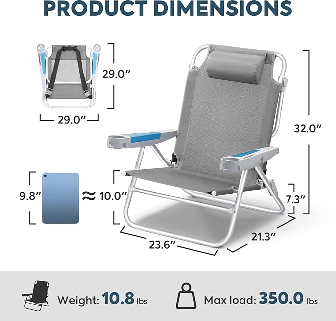 ICECO Backpacking Beach Chairs for Adults 5 Positions Reclining Chair Heavy Duty Folding Chairs Portable Lay Flat Outdoor Chair with Cup Holder for Beach Camping Lawn 350lb Capacity