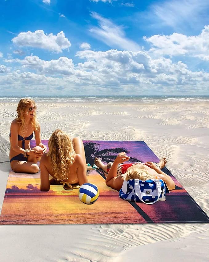 Beach Blanket Waterproof Sandproof Oversized Beach Sunset Coconut Tree Beach Mat with Corner Stakes Sand Pockets Summer Ocean Scenery Outdoor Picnic Mat for Travel Camping Hiking 95x80In