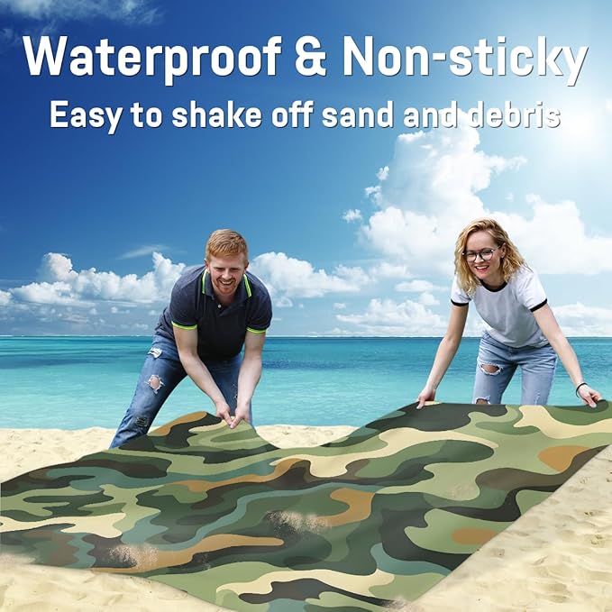 Waterproof Sandproof Beach Blanket 59''×68'' Camouflage Polyester Outdoor Picnic Blanket with 4 Stakes &amp Storage Bag for BeachCampingVacation Greener