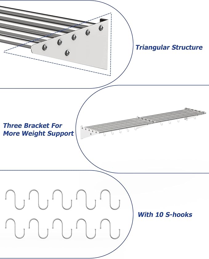 Floating Shelves for Wall NSF Commercial Wall Shelf 12 x 60 Shelf Pot Rack with Backsplash &amp 10 Hooks Stainless Steel Floating Shelves for Hanging Pots Pans Cookware