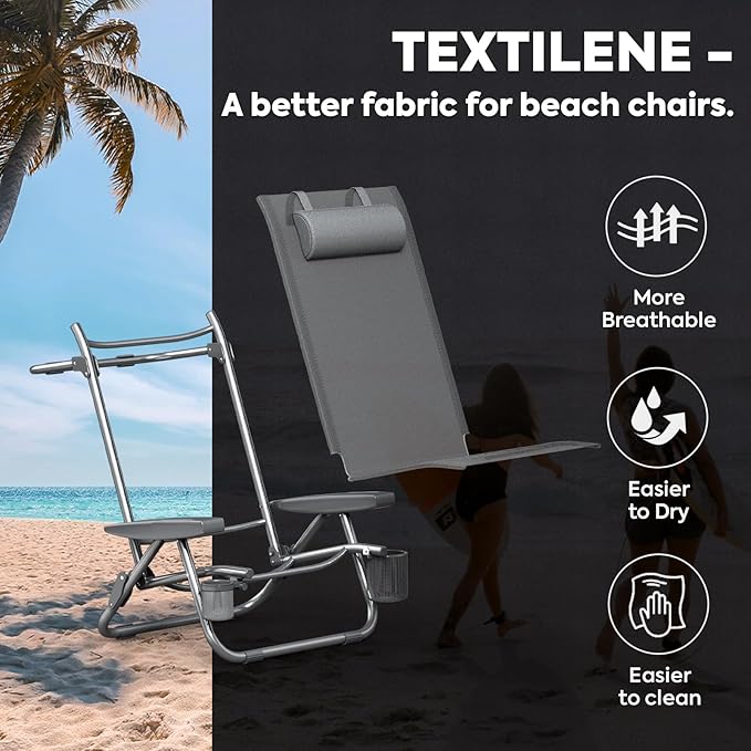 ICECO Bora High Back Beach Chairs for Adults 5 Positions Reclining Beach Chair with Headrests Folding Beach Chair with Cup Holder &amp Storage Bag for Beach Pool Patio Capacity 500lbs
