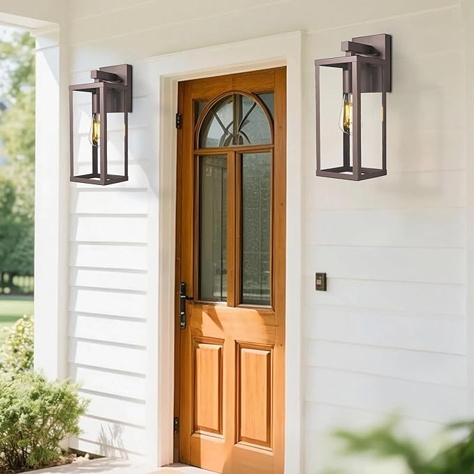 Outdoor Wall Light with Clear Glass Anti-Rust Exterior Wall Sconce Weather Resistant Outdoor Lantern Exterior Lighting for Porch Patio Garage Entryway (Oil-Rubbed Bronze 15.5Height-2 Pack)