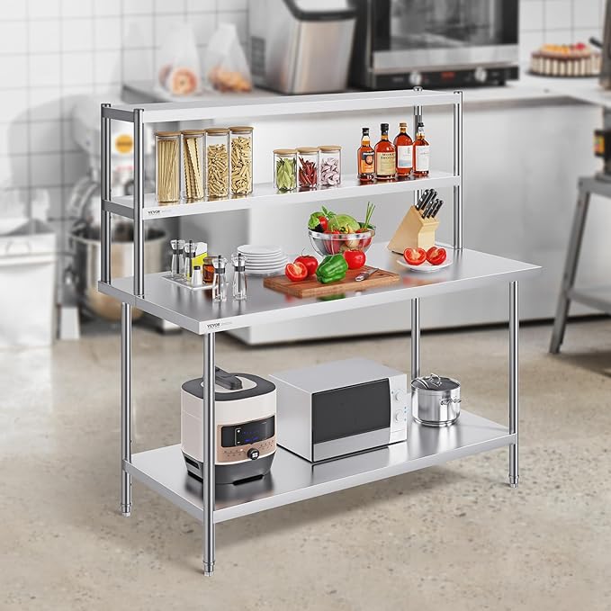 VEVOR Stainless Steel Overshelf 12 x 60 Inch Double Deck Height Adjustable Prep Work Table for Kitchen Restaurant and Workshop