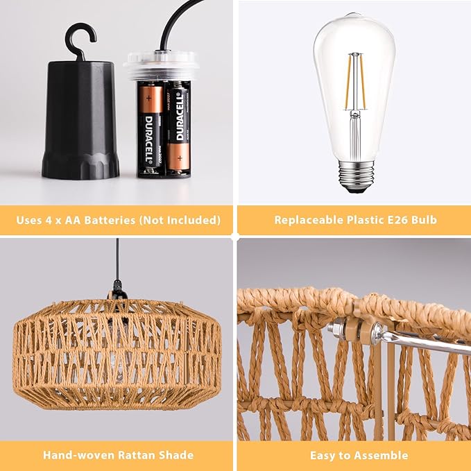 13 Battery Operated Outdoor Chandelier Battery Power Hanging Pendant Lights Woven Rattan Gazebo Light Outdoor Waterproof for Gazebo Pergola Porch Indoor Outdoor Decor Lighting