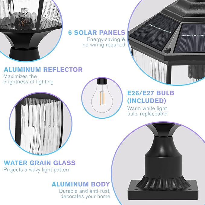 Solar Post Lights with Pier Mount Base 17.3'' H 2700K Solar Lamp Post Light Waterproof Dusk to Dawn Pole Lights Outdoor for Garden Patio Yard Pathway Gate Remote Control Black(Warm White)