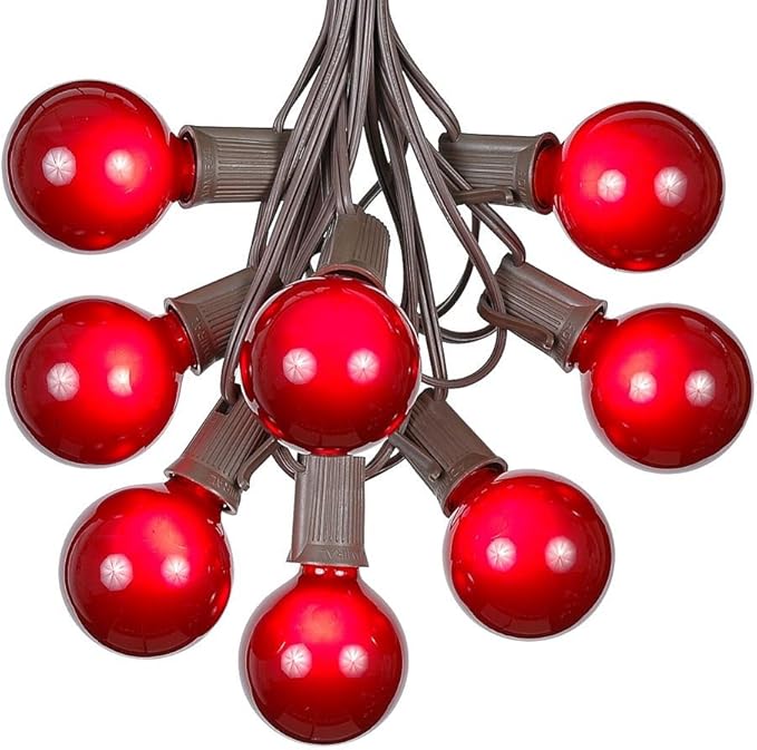 G50 Patio String Lights with 25 Red Globe Bulbs – Outdoor String Lights – Market Bistro Café Hanging String Lights – Patio Garden Umbrella Globe Lights - Brown Wire - 25 Feet
