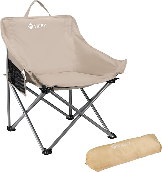 VILLEY Camping Chair Beach Folding Chair Outdoor Lawn Portable Lightweight Chair Foldable Chair with Carry Bag for Outside Hiking Fishing Travel Beach and Sports Beige