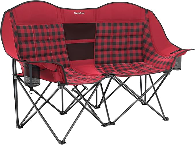 SUNNYFEEL Double Camping Chair Portable Folding Loveseat for 2 Adults Heavy Duty Oversized Camping Couch 600 lbs with Cup Holders &amp Storage for Outdoor Camping Beach Lawn Patio RV &amp Indoor