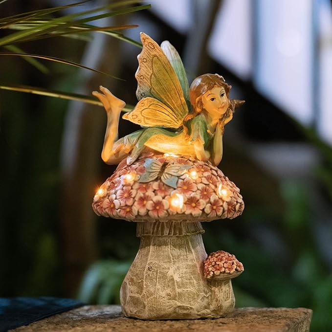 Fairies for Fairy Garden - Fairy Outdoor Statue Solar Powered Resin OrnamentsPatio Lawn Yard PorchFairy Figurines for Home Garden Gifts8.66 inches Tall