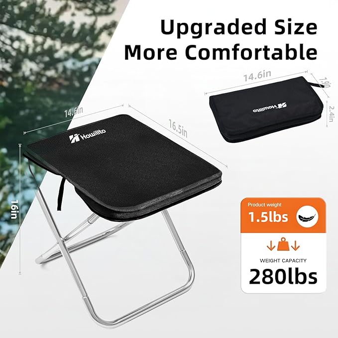 Camping Stool 16in Tall Portable Folding Stool with Carry Bag Upgraded Ultralight Chair with Roomy Seat for Adults Holds 280lbs Ideal for Hiking Fishing Outdoor Use Black