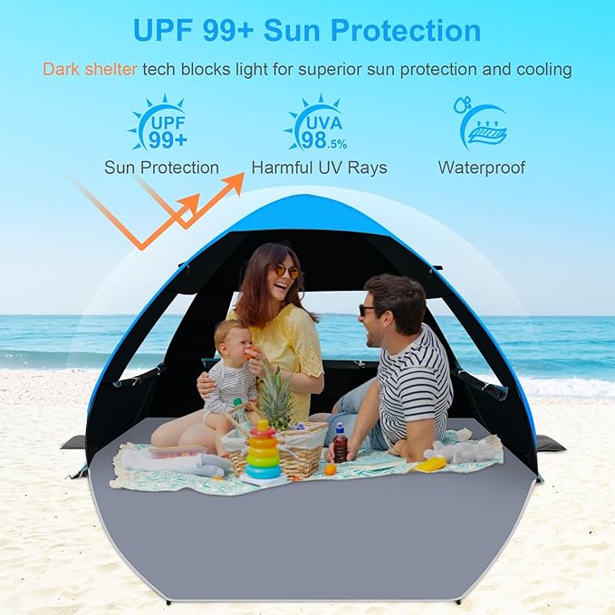 Gorich Easy Pop Up Beach Tent for 3-4 Person UPF 50+ UV Protection Beach Umbrella Sun Shelter Portable Lightweight Shade with Easy Foldable &amp Instant Setup