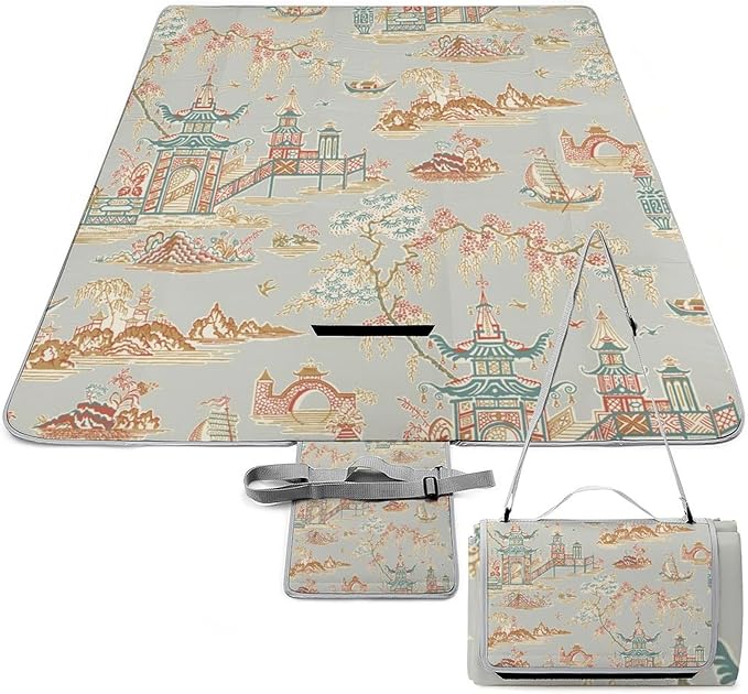 Blue and White Ancient Chinese Folk Chinoiserie Style Waterproof Outdoor Picnic Blanket Sandproof Beach Mat for Camping Hiking Grass Travelling