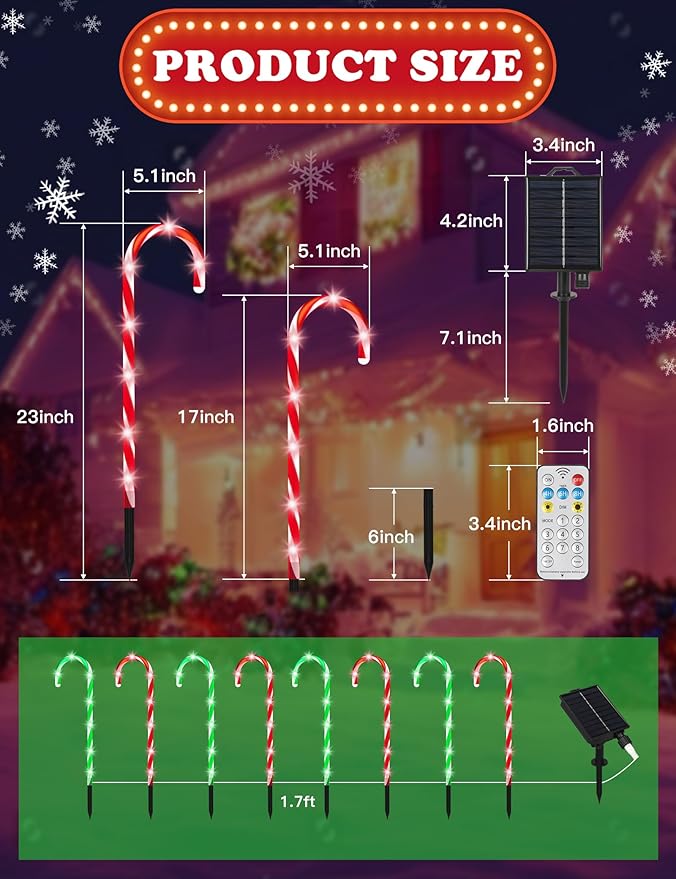 ZHAHA Solar Christmas Pathway Lights Outdoor Decorations Solar Candy Cane Lights for Yard Patio Garden Walkway with 8 Light Mode Remote Timer 48 LED Upgraded Christmas Outdoor Decorations 8 Pack