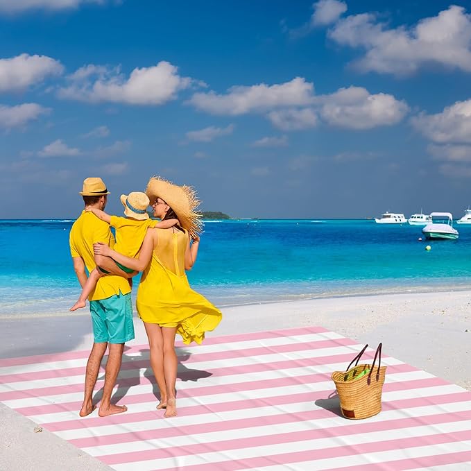 BEW Beach Blanket Sandproof Waterproof Pink Striped Picnic Blanket Extra Large 9 Ft X 10 Ft for 8 Adults with Stakes and Sand Pocket Compact Lightweight Sand Free Beach Mat Essential