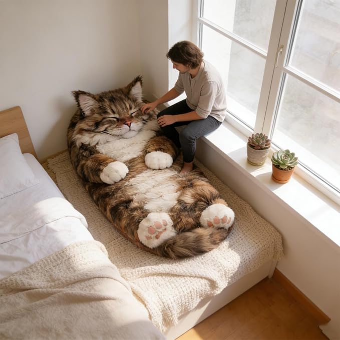 Plush Cat Print Envelope Sleeping Bag | Cat Sleeping Bags for Humans | Warm Cats Mummy Sleepings Bag with Soft Flannel Lining Self | Giant Plush Envelope Design Sleep Sack Cats Blanket for Humans