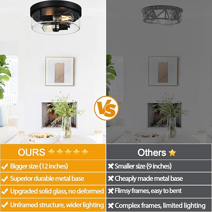 Black Flush Mount Ceiling Light Fixtures 2-Light Ceiling Mount for Farmhouse with Seeded Glass Lampshade Industrial Flush Mount Light Fixture Farmhouse for Hallway Kitchen Entryway and Foyer