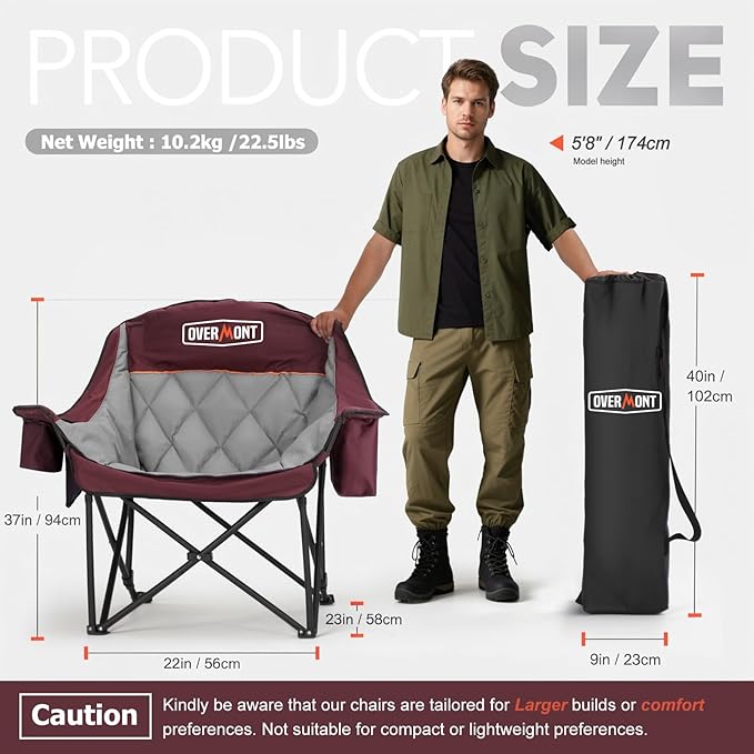 Overmont Oversized XL Camping Chair for Adults - 400lbs Support Heavy-Duty Padded Folding Chair with Side Pocket Cup Holder Cooling Bag for Outdoor Sports Garden Beach Fishing Lawn Red 2pcs3