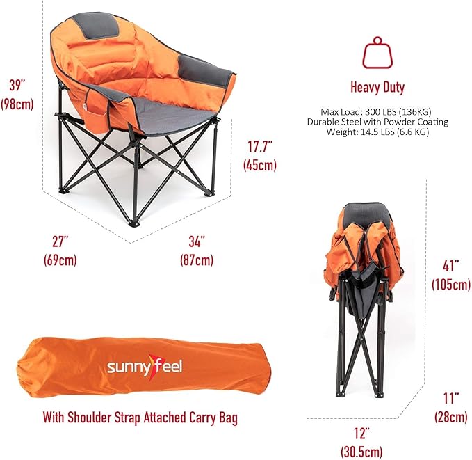 SUNNYFEEL Oversized Camping Chair Heavy Duty 500 LBS Portable Folding Chairs Orange Large Sofa Chair for Beach Trip Picnic Lawn Outdoor Camp Chair for Adults &amp Carry Bag