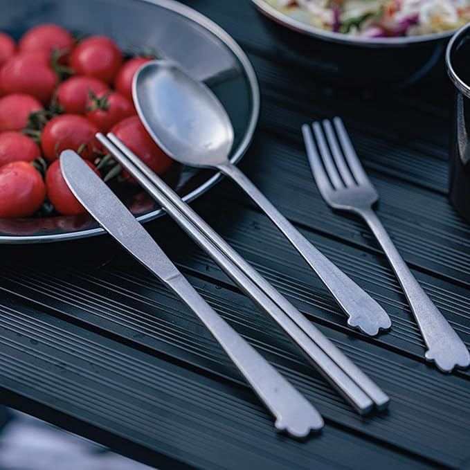 Stainless Steel Tableware Set Vintage Silver Spoon Fork Cutter Chopsticks Portable Cutlery Set with Storage Bag for Travel Picnic Camping Outdoor Dining