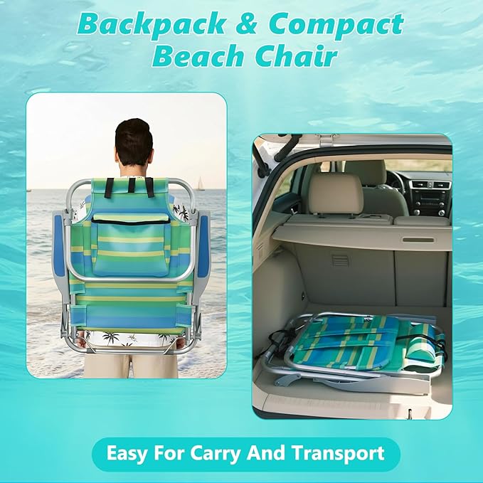 2 Pack Low Beach Chair for Adults5 Position Lay Flat Portable Folding Aluminum Reclining Backpack Beach Chairs Heavy Duty with Cup Holder Large Pocket for Outdoor/Lawn/Picnic/Fishing