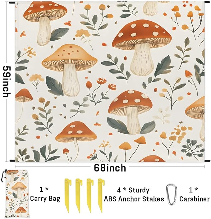 Waterproof Sandproof Beach Blanket 59''×68'' Plant Mushrooms Polyester Outdoor Picnic Blanket with 4 Stakes &amp Storage Bag for BeachCampingVacation White