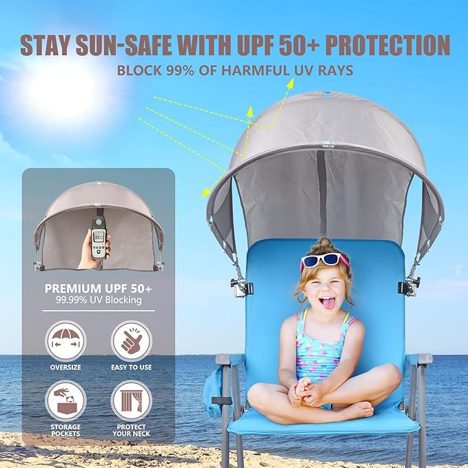 XL Universal Chair Canopy Umbrella UPF 50+ Foldable Sun Shade Attachment with Adjustable Clamp Fits Most Brands’ Beach Camping Lawn Tanning Zero Gravity Lounge &amp Fishing Chairs
