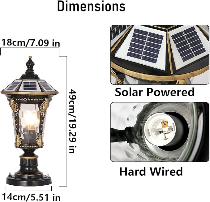 Solar Post Caps Lights for Outdoor 19.29In Black Pillar Lamps with Remote Control Column Lights Waterproof Landscape Pathway Lighting Exterior Fence Deck Caps Lanterns Gate Yard Mailbox Pier Lamps